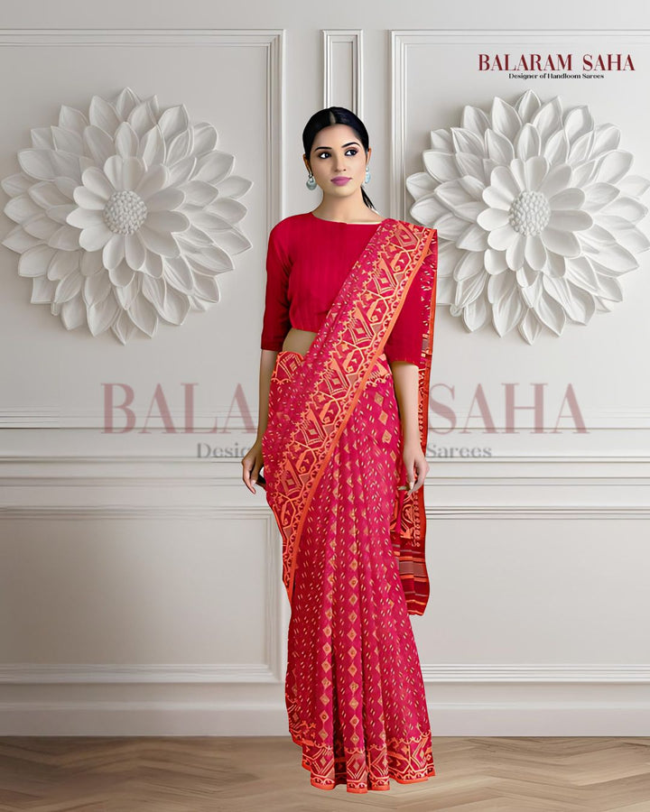 Pinkish Red and orange,  silk by cotton handloom Jacquard Jamdani Saree Balaram Saha