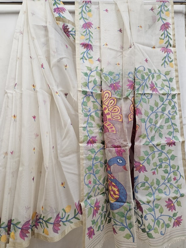 Balaram Saha's Handwoven White & Multicolor Muslin Silk Jamdani Saree Balaram Saha