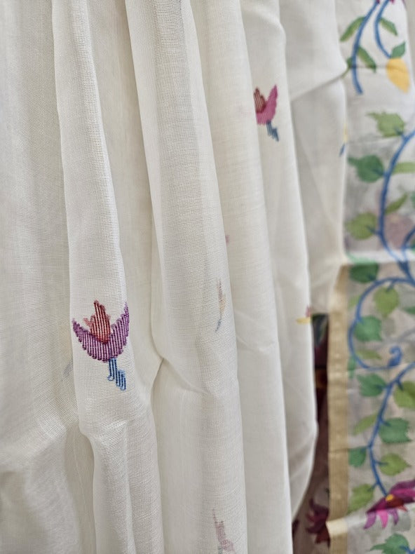 Balaram Saha's Handwoven White & Multicolor Muslin Silk Jamdani Saree Balaram Saha
