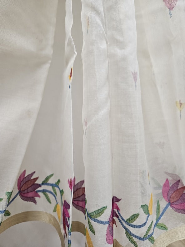 Balaram Saha's Handwoven White & Multicolor Muslin Silk Jamdani Saree Balaram Saha