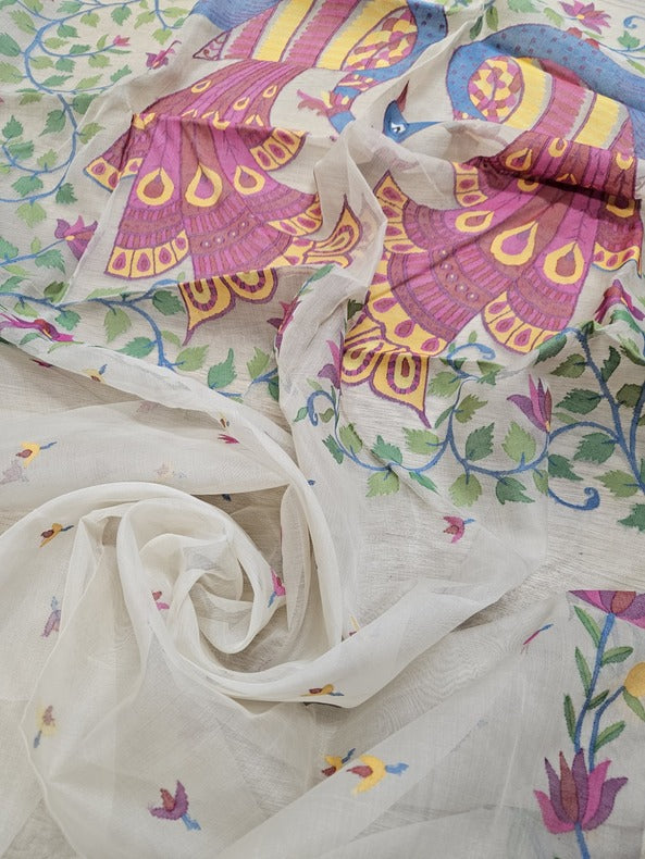 Balaram Saha's Handwoven White & Multicolor Muslin Silk Jamdani Saree Balaram Saha
