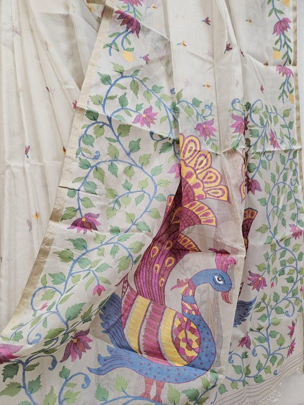 Balaram Saha's Handwoven White & Multicolor Muslin Silk Jamdani Saree Balaram Saha