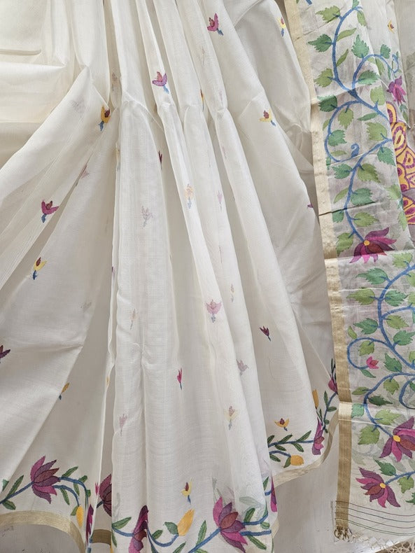 Balaram Saha's Handwoven White & Multicolor Muslin Silk Jamdani Saree Balaram Saha
