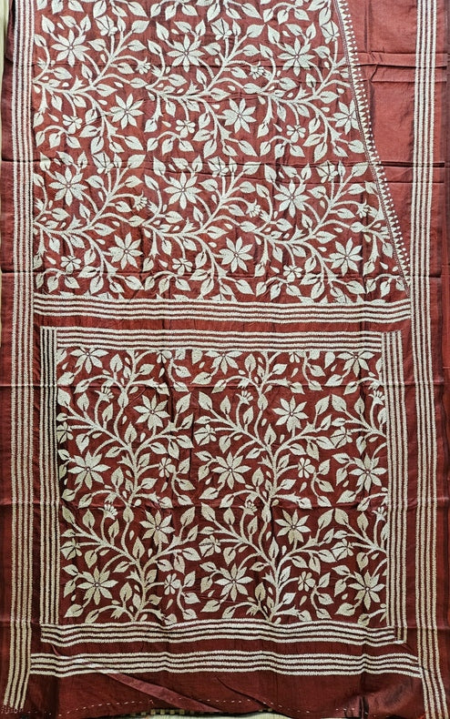 Brownish Black Pure  Handstitch Kantha Silk Saree Balaram Saha