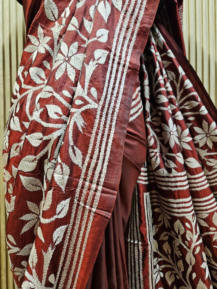 Brownish Black Pure  Handstitch Kantha Silk Saree Balaram Saha