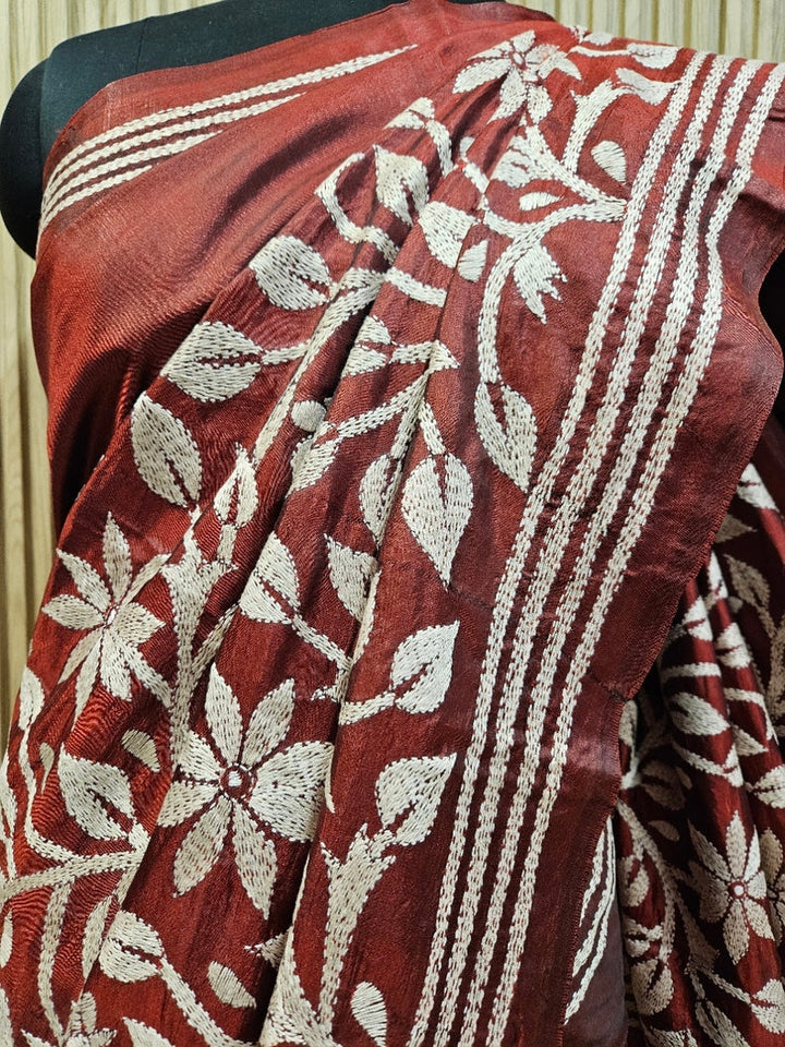 Brownish Black Pure  Handstitch Kantha Silk Saree Balaram Saha