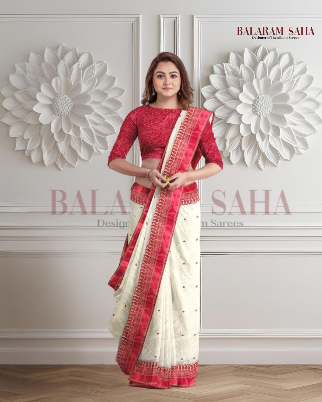 White & Red Handloom Traditional Gard Silk Saree Balaram Saha