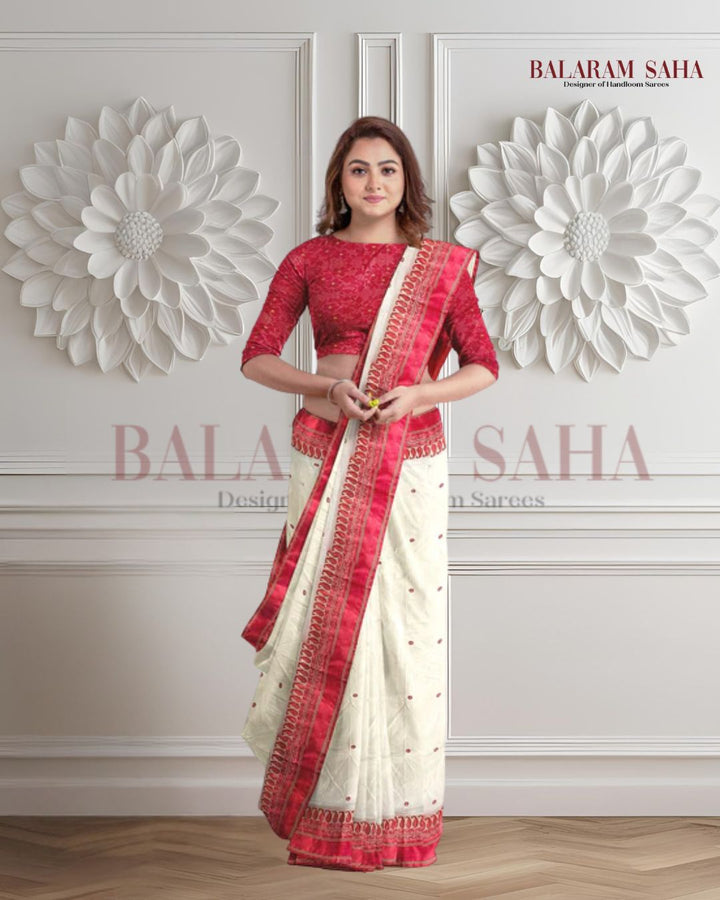 White & Red Handloom Traditional Gard Silk Saree Balaram Saha