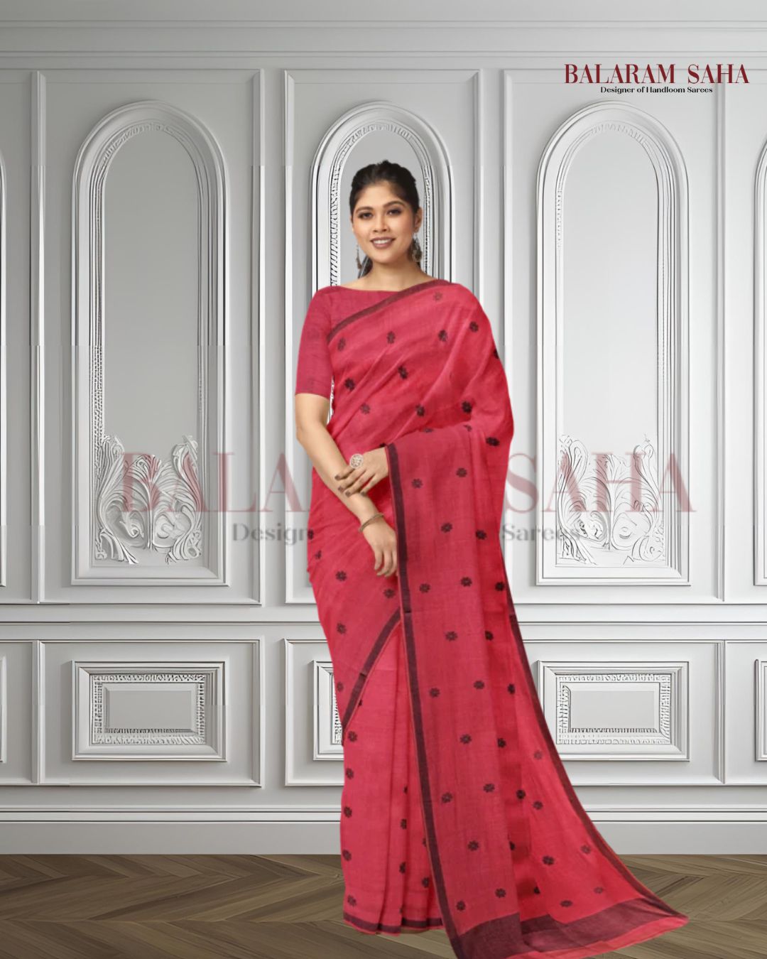 Red & Black Handloom  Premium Cotton Jamdani Saree Balaram Saha