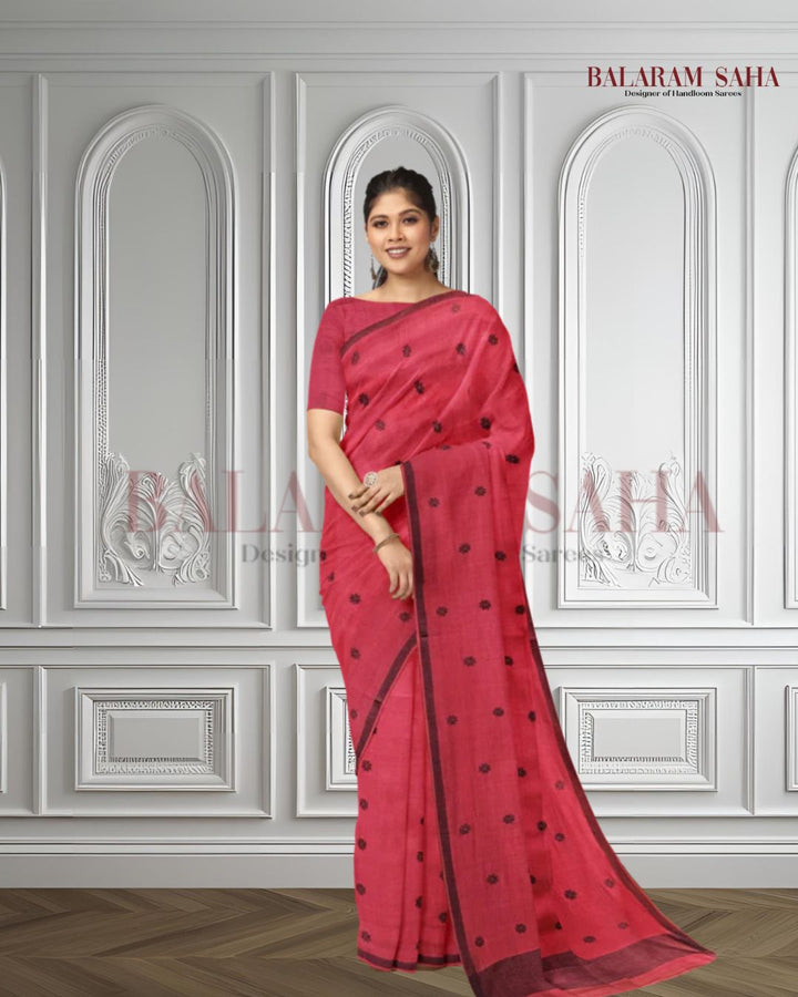 Red & Black Handloom  Premium Cotton Jamdani Saree Balaram Saha