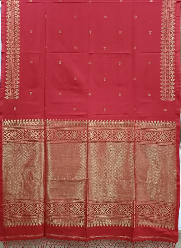Red and Copper Soft Handloom Cotton Banarasi Saree Balaram Saha