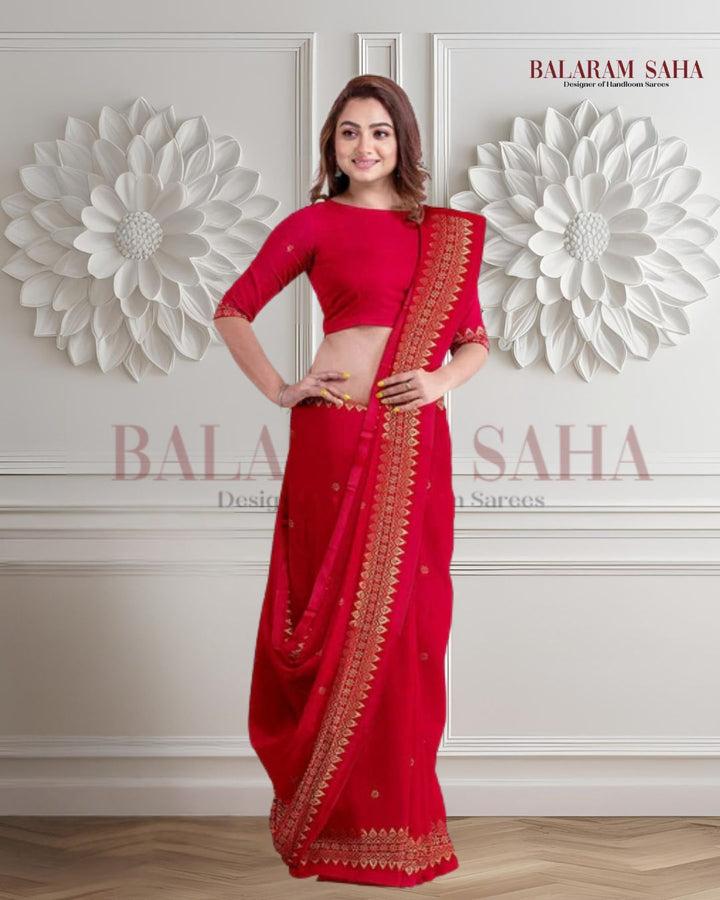 Balaram Saha: Heritage Handloom: Red and Gold Cotton Banarasi Saree Balaram Saha