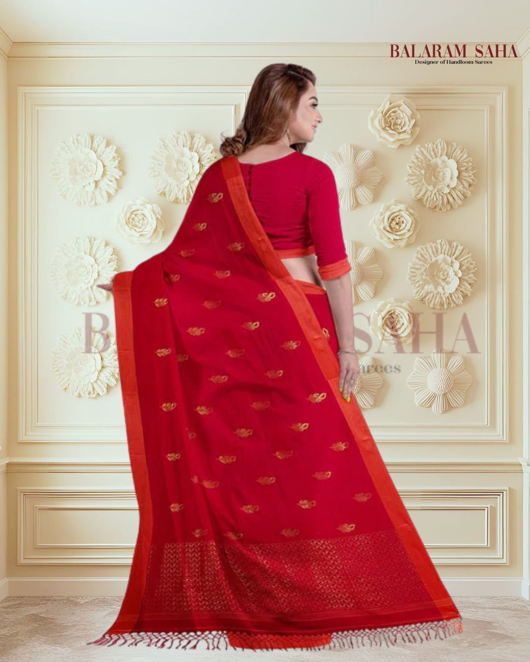 Red and Orange Soft Handloom Cotton Saree Balaram Saha