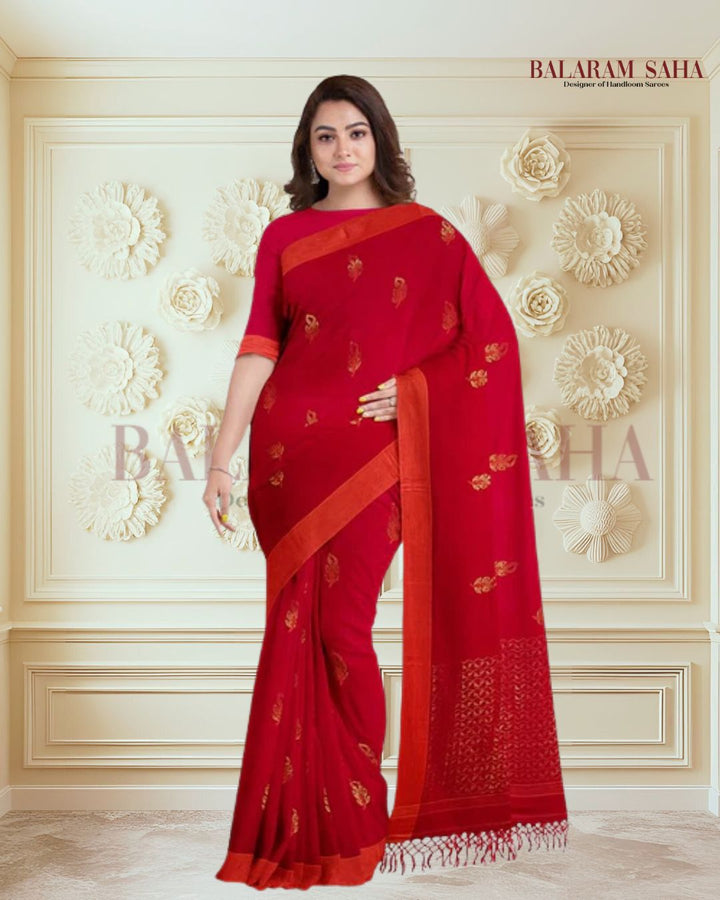 Red and Orange Soft Handloom Cotton Saree Balaram Saha