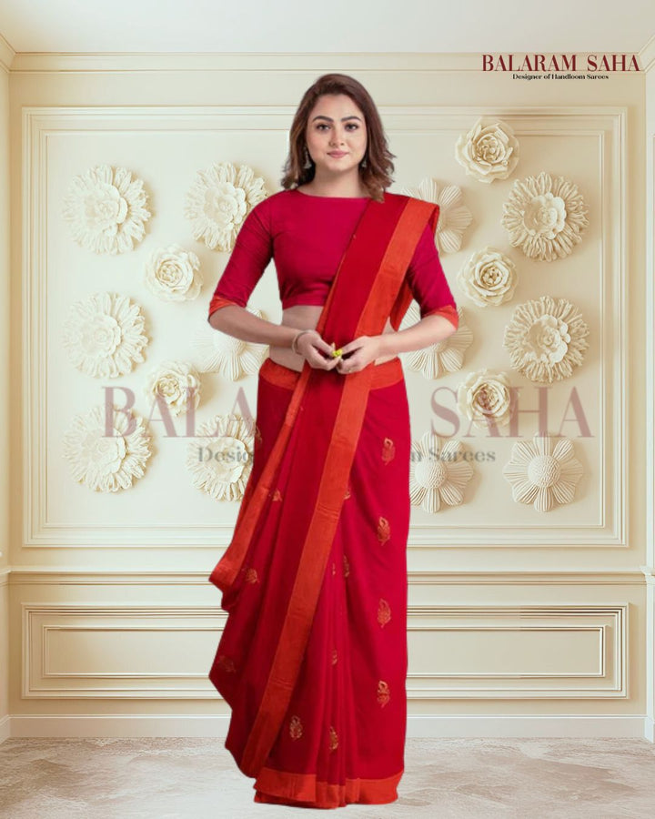 Red and Orange Soft Handloom Cotton Saree Balaram Saha