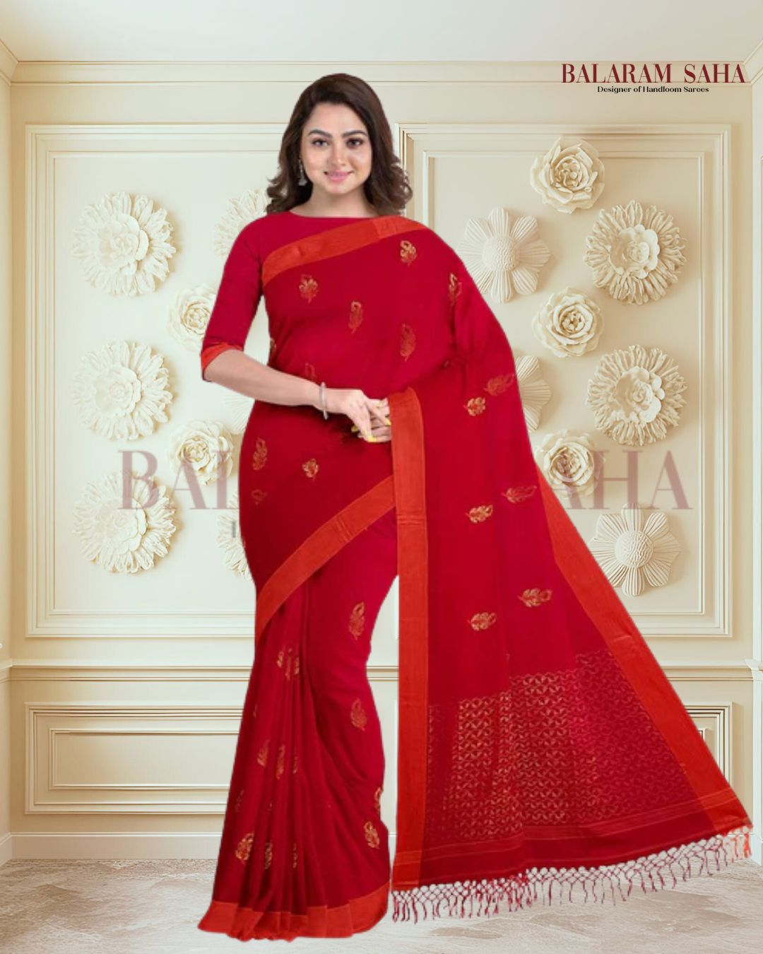 Red and Orange Soft Handloom Cotton Saree Balaram Saha