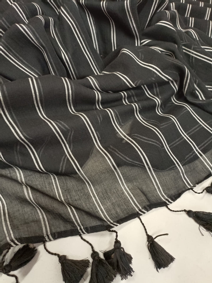 Soft Handloom Mull Cotton Saree Black & White Balaram Saha