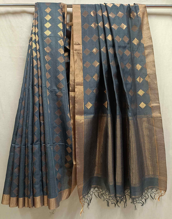 Grey & Gold Zari Woven Soft Handloom Tussar Silk Saree Balaram Saha