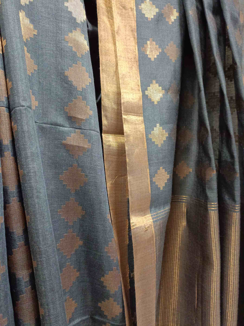 Grey & Gold Zari Woven Soft Handloom Tussar Silk Saree Balaram Saha