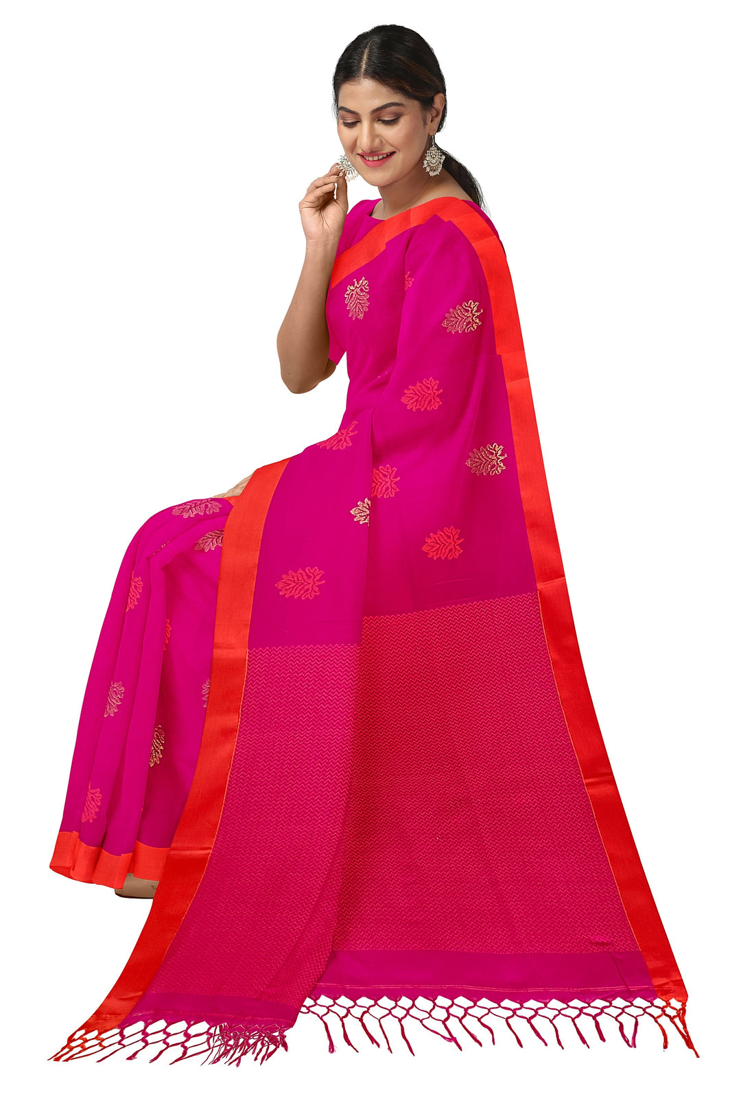 Deep Pink & Orange Soft Handloom Premium Cotton Saree Balaram Saha