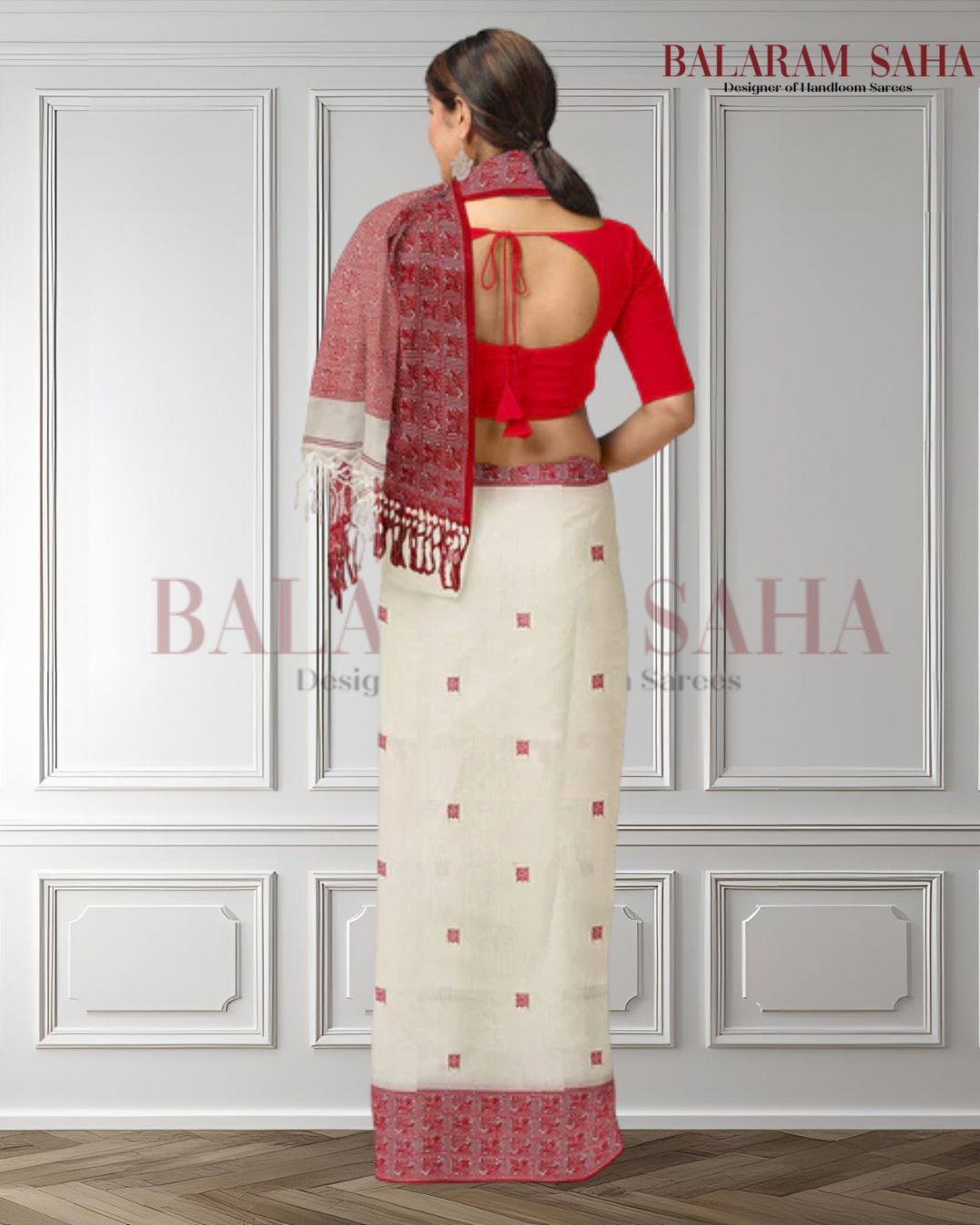 Off-White & Red Premium Quality Handloom Cotton Saree Balaram Saha