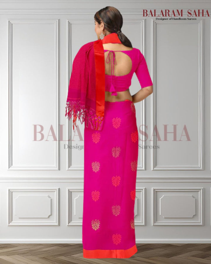 Deep Pink & Orange Soft Handloom Premium Cotton Saree Balaram Saha