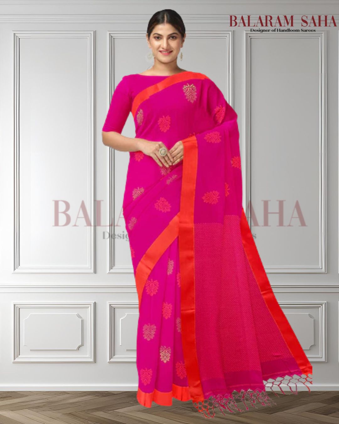 Deep Pink & Orange Soft Handloom Premium Cotton Saree Balaram Saha