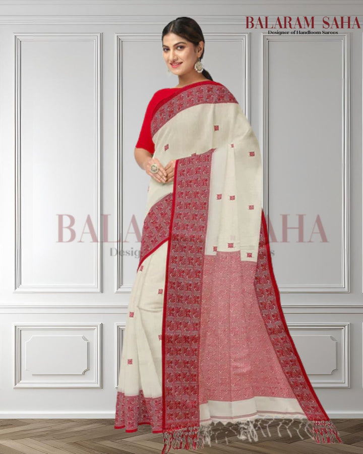 Off-White & Red Premium Quality Handloom Cotton Saree Balaram Saha