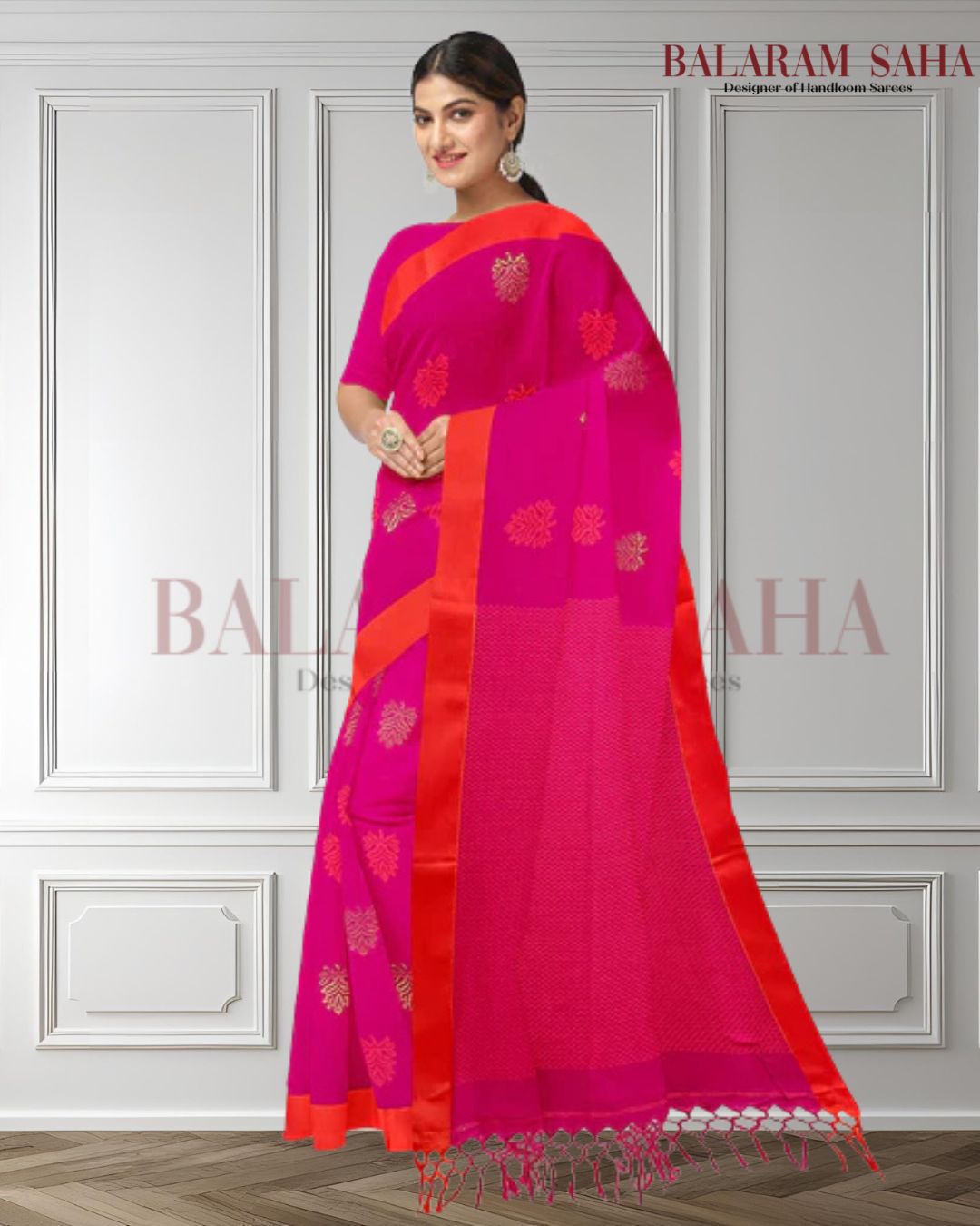 Deep Pink & Orange Soft Handloom Premium Cotton Saree Balaram Saha