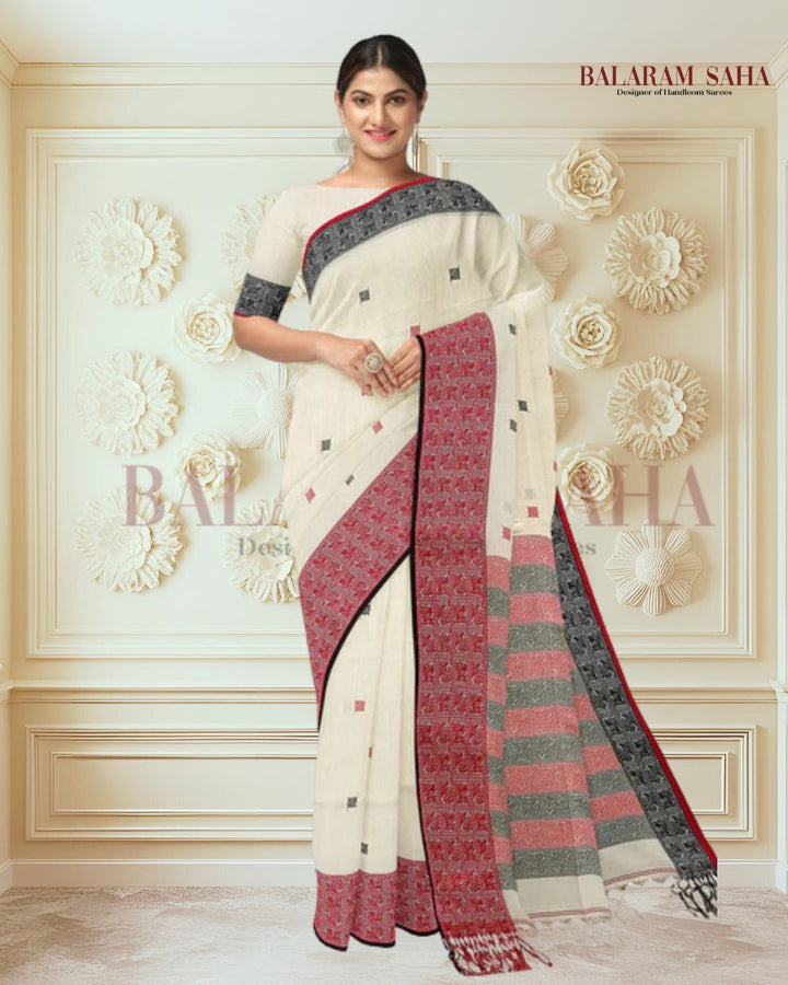 Handloom Cotton Saree by Balaram Saha – Off-White Grace Blend