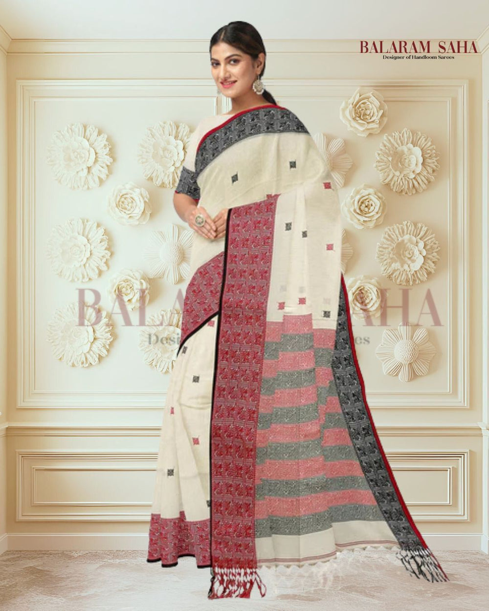 Handloom Cotton Saree by Balaram Saha – Off-White Grace Blend