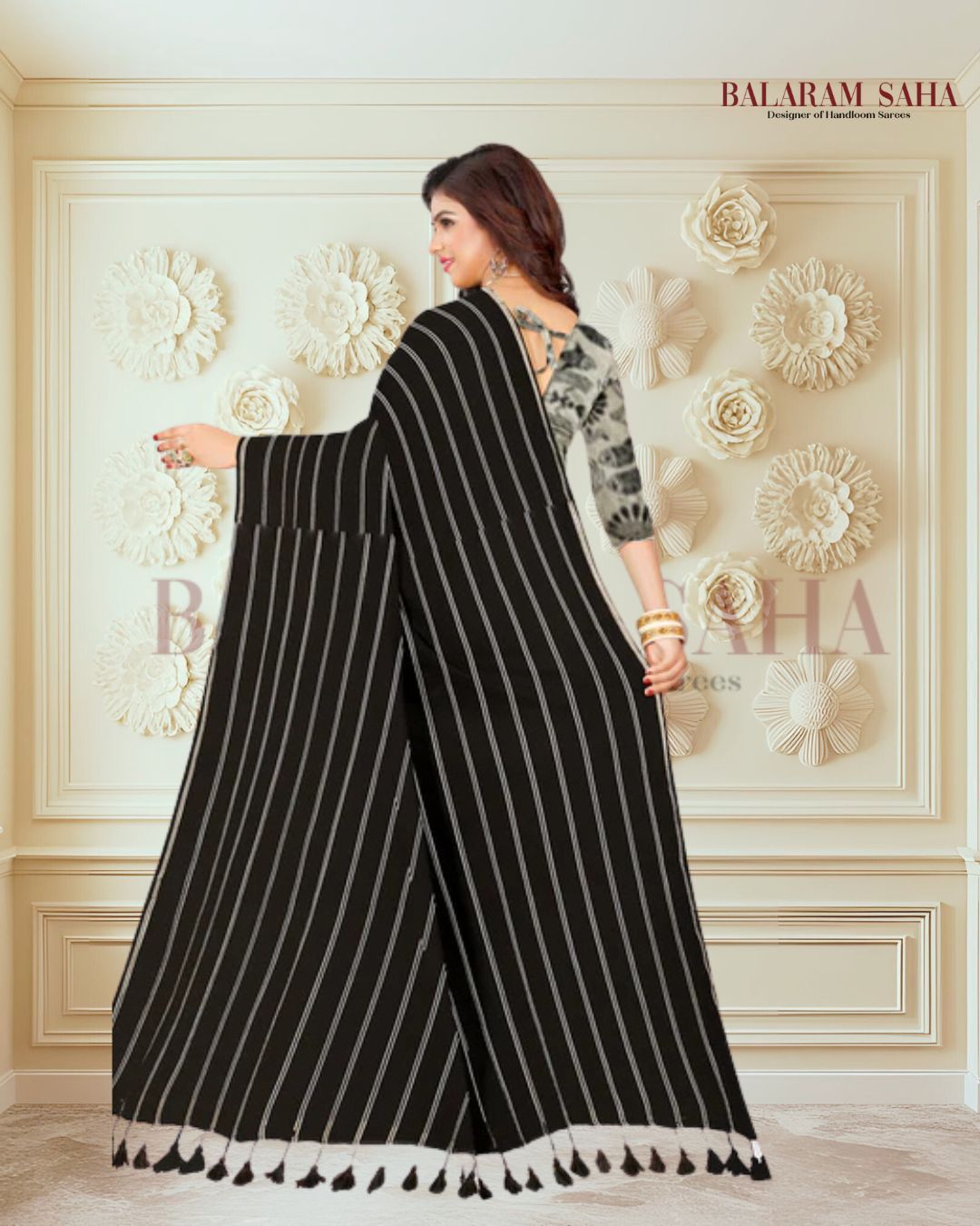 Soft Handloom Mull Cotton Saree Black & White Balaram Saha