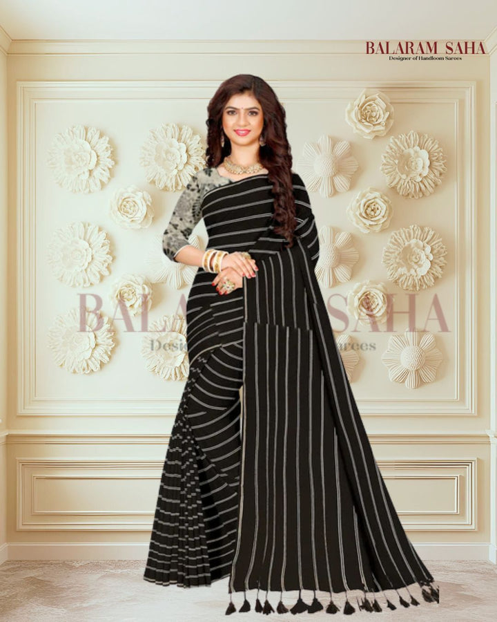 Soft Handloom Mull Cotton Saree Black & White Balaram Saha