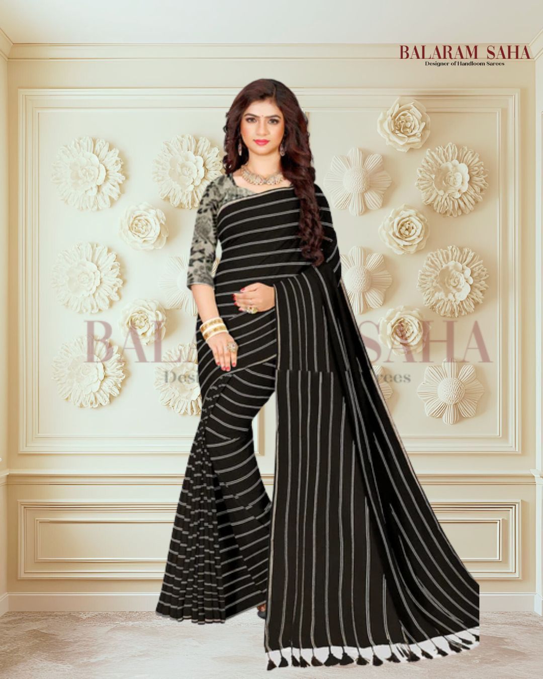 Soft Handloom Mull Cotton Saree Black & White Balaram Saha