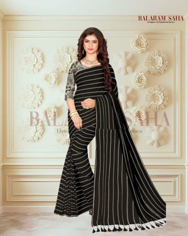 Soft Handloom Mull Cotton Saree Black & White Balaram Saha