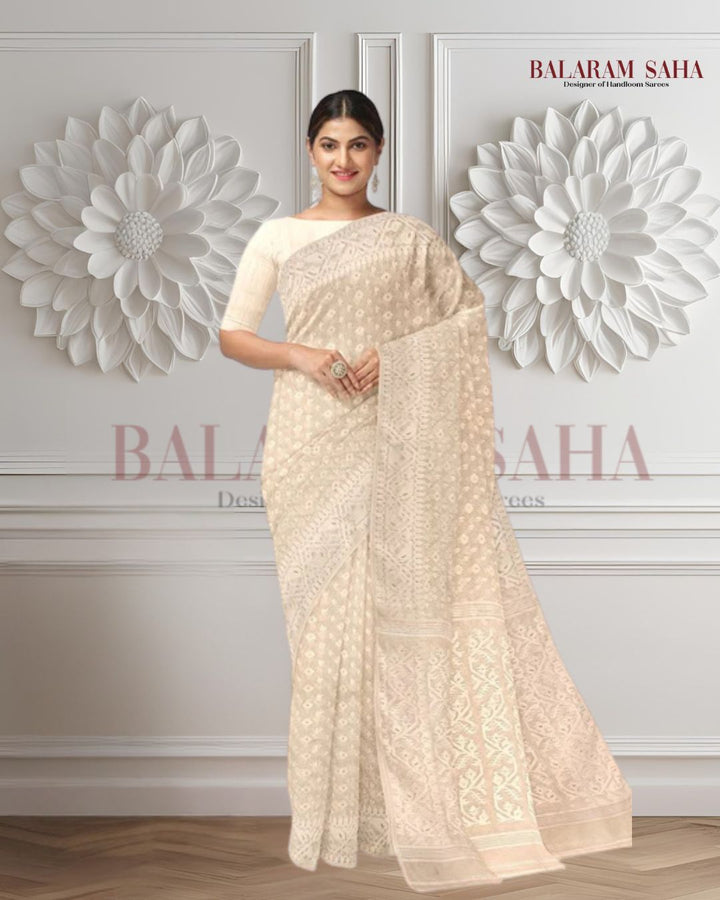 White on White, cotton by resham, soft Dhakai Jamdani Saree Balaram Saha