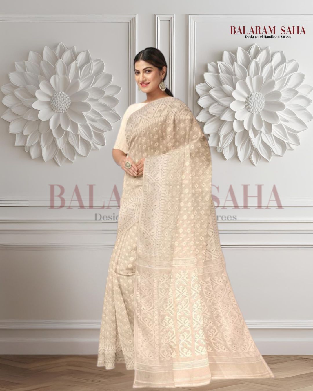 White on White, cotton by resham, soft Dhakai Jamdani Saree Balaram Saha