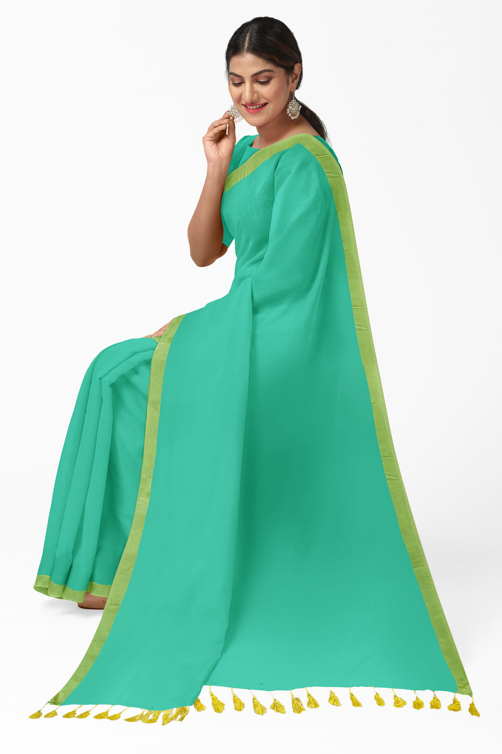 Sea Green & yellow Soft Handloom Cotton saree Balaram Saha