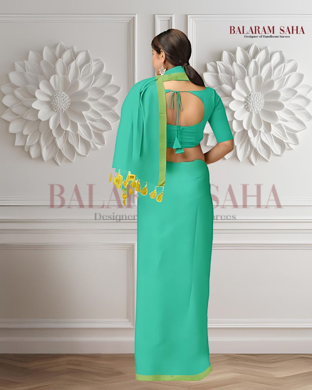 Sea Green & yellow Soft Handloom Cotton saree Balaram Saha