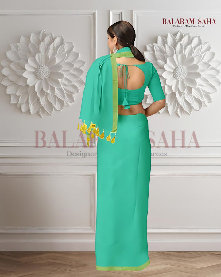 Sea Green & yellow Soft Handloom Cotton saree Balaram Saha