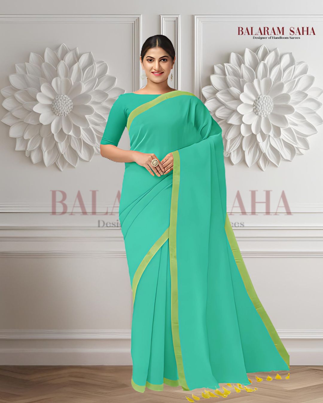 Sea Green & yellow Soft Handloom Cotton saree Balaram Saha