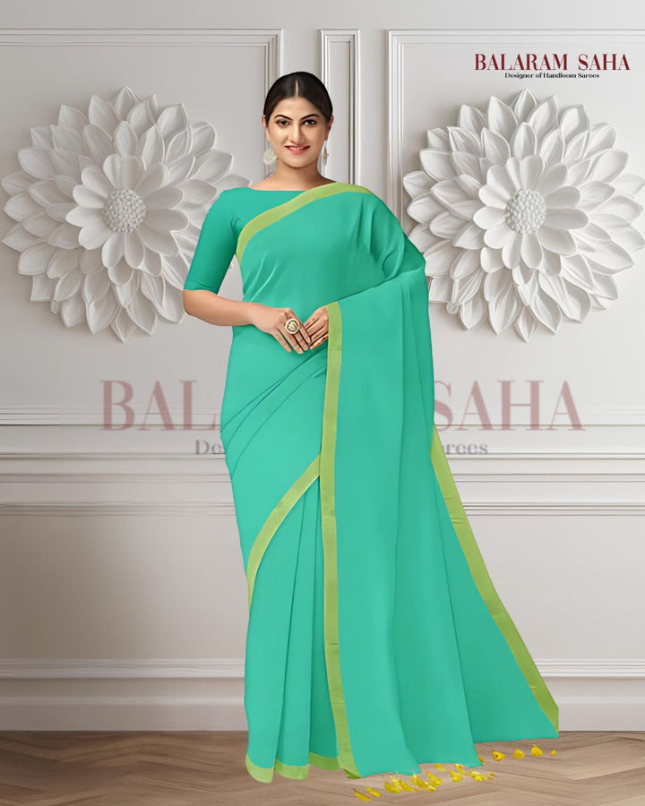 Sea Green & yellow Soft Handloom Cotton saree Balaram Saha