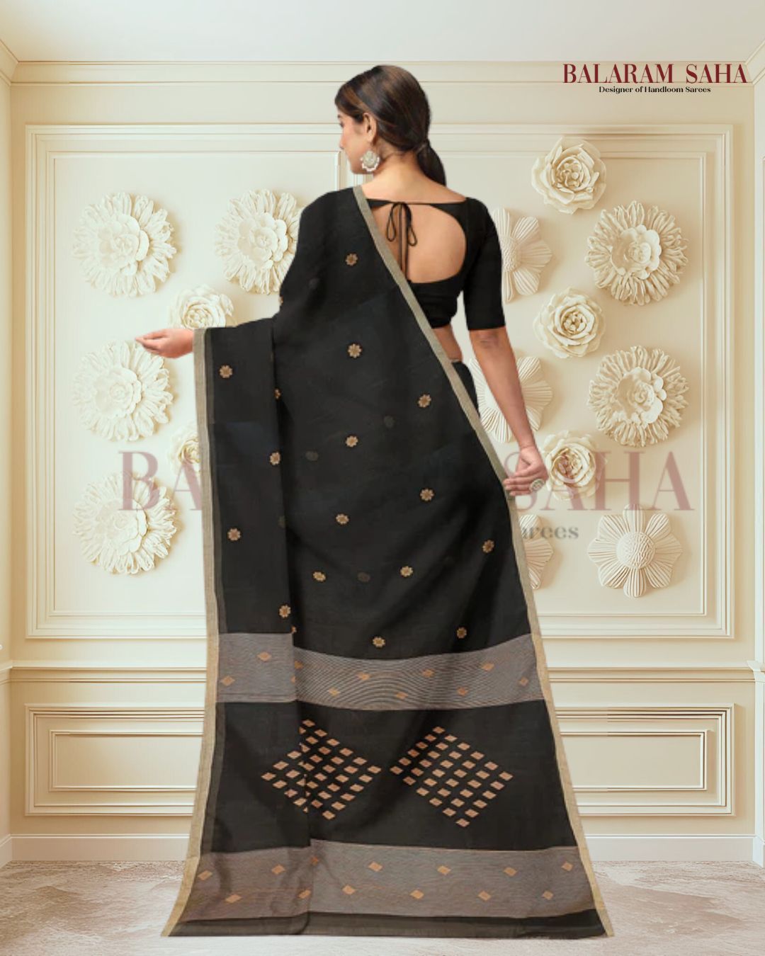 Black & Beige Handloom Handwoven Cotton Jamdani saree Balaram Saha