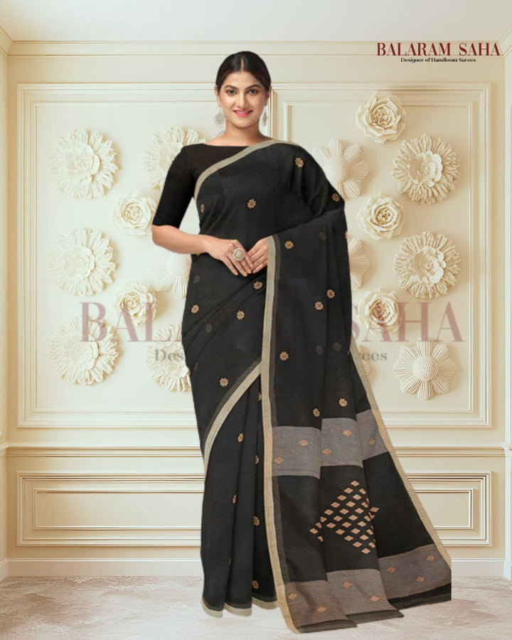 Black & Beige Handloom Handwoven Cotton Jamdani saree Balaram Saha