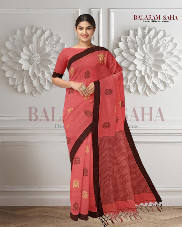 Balaram Saha Terracotta & Black Cotton Handloom Saree With Border