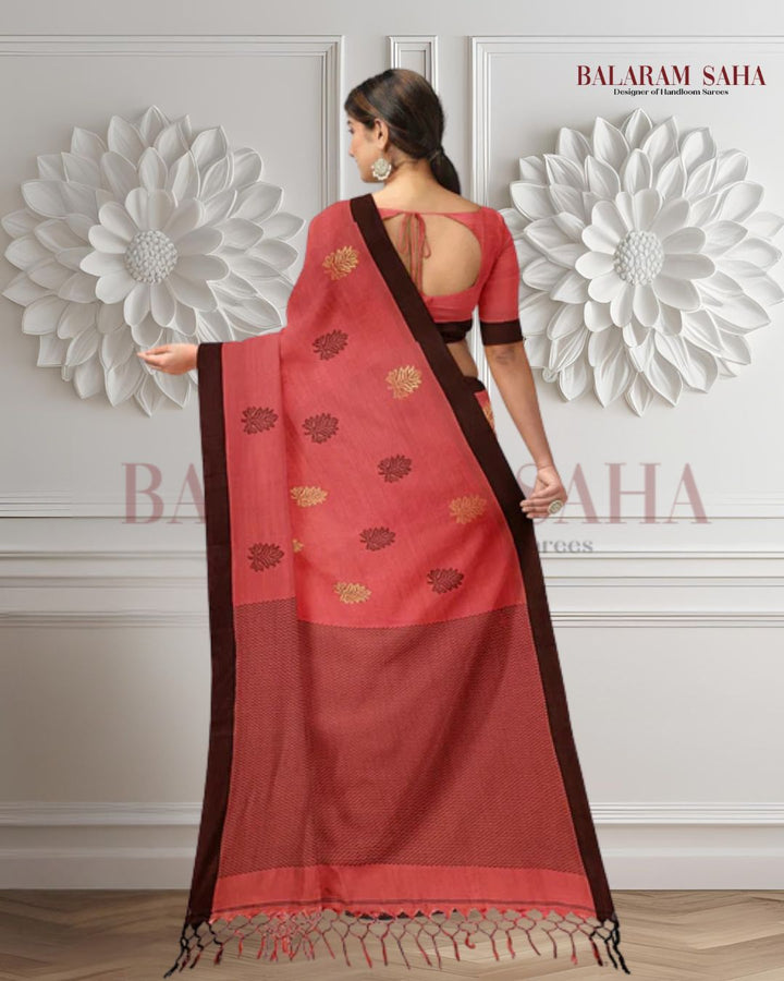 Balaram Saha Terracotta & Black Cotton Handloom Saree With Border