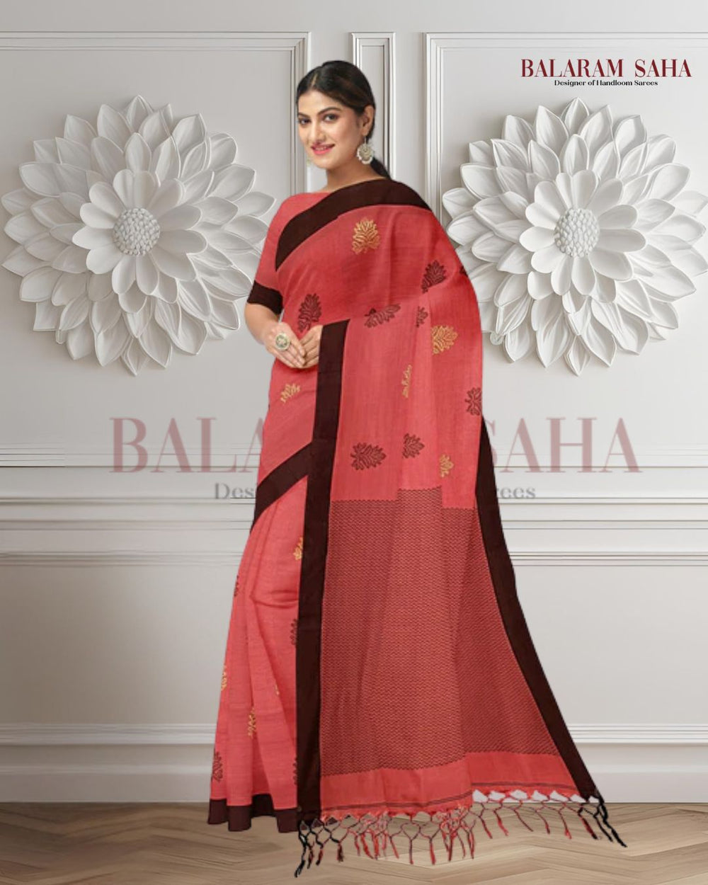 Balaram Saha Terracotta & Black Cotton Handloom Saree With Border