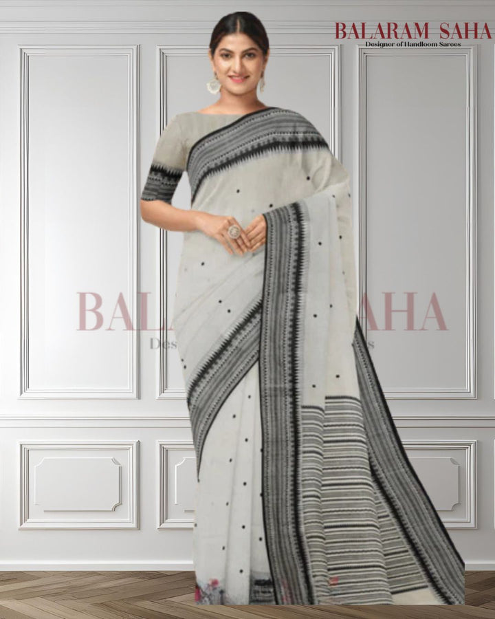 The Balaram Saha Signature: White and Black Handloom Soft Cotton Saree Balaram Saha