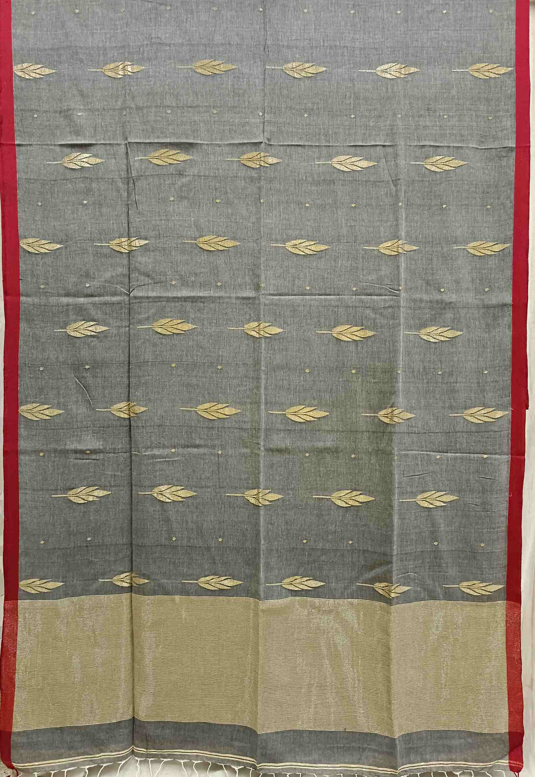 Grey & Red Handloom Handwoven Cotton Jamdani Saree Balaram Saha