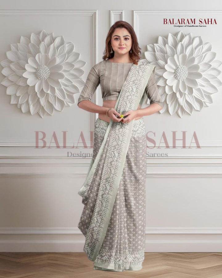 Light Rose Brown & White, soft handloom cotton/Resham dhakai saree Balaram SahaSaha